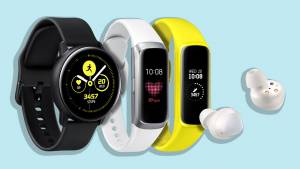 The Samsung Galaxy Watch Active, Fit, and Buds.