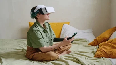 Person using a VR headset while holding a smartphone, representing modern digital platforms like Voozon.