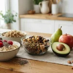 High fiber foods including oats, beans, berries, fruits, seeds, nuts, and vegetables