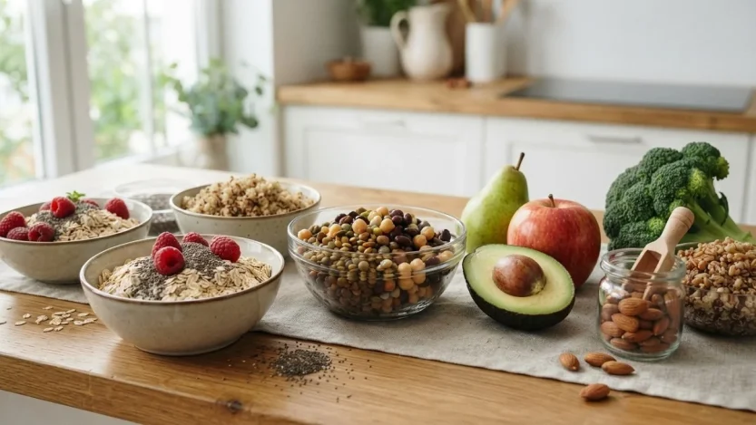 High fiber foods including oats, beans, berries, fruits, seeds, nuts, and vegetables