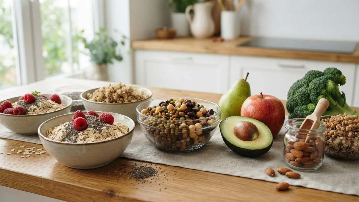 High fiber foods including oats, beans, berries, fruits, seeds, nuts, and vegetables