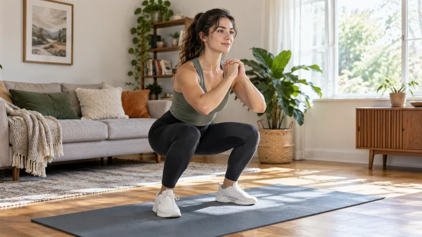 Home workout without equipment in a living room