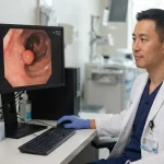 Gastroenterologist reviewing a tubular adenoma on a colonoscopy image