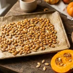 Golden roasted pumpkin seeds spread on a parchment-lined baking sheet after baking