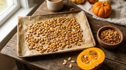 Golden roasted pumpkin seeds spread on a parchment-lined baking sheet after baking