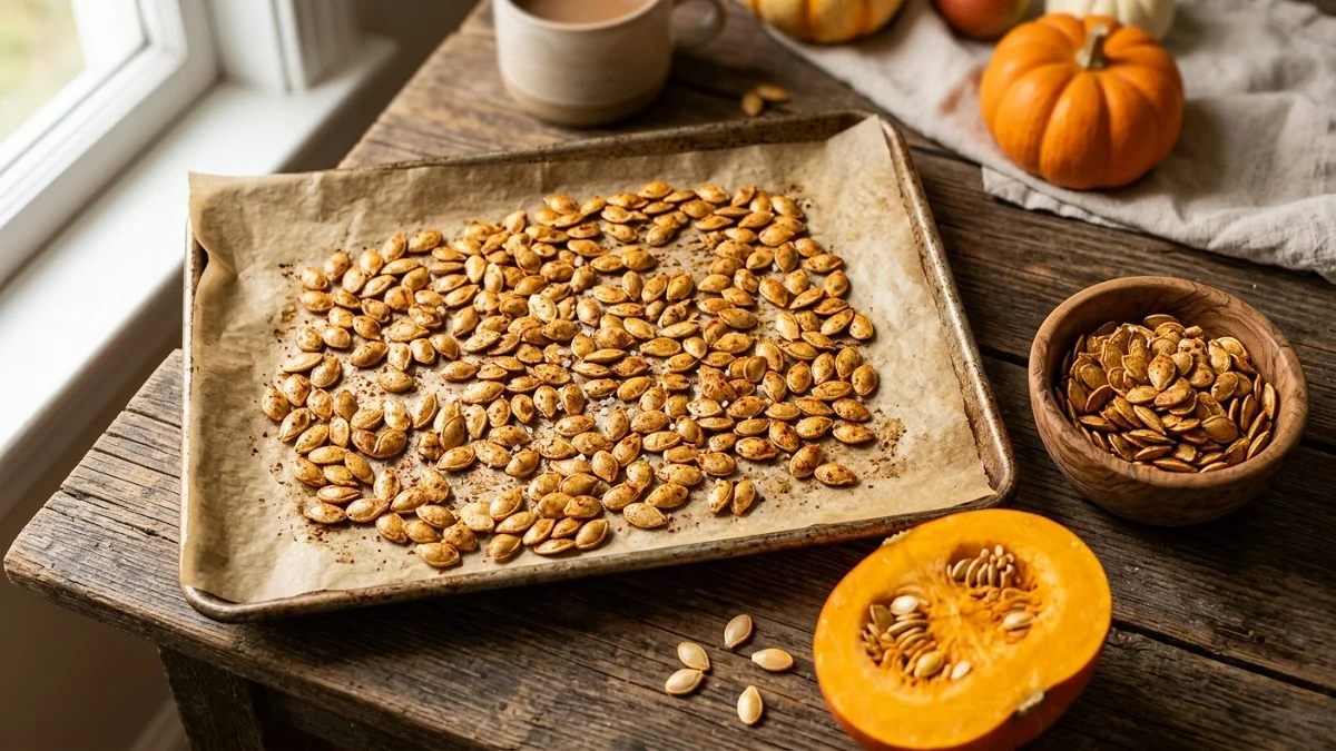 Golden roasted pumpkin seeds spread on a parchment-lined baking sheet after baking