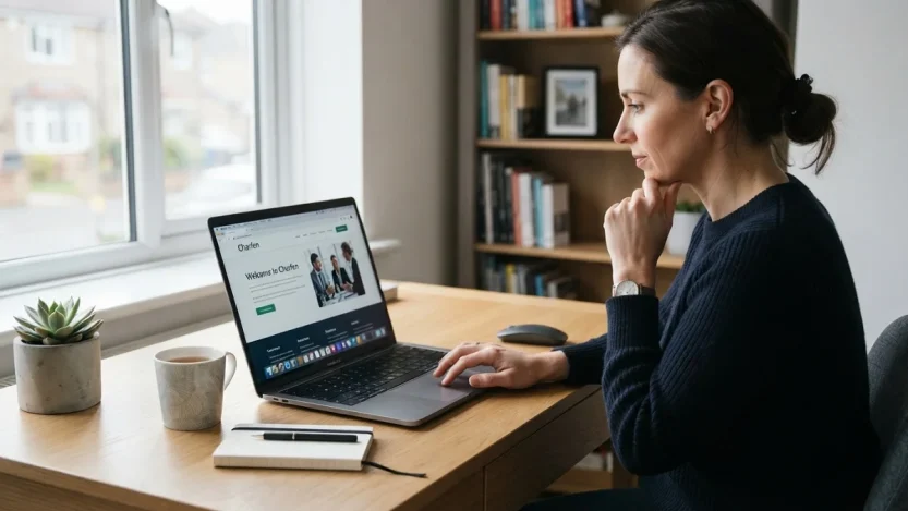 A laptop displaying charfen.co.uk in a web browser while a person researches the website