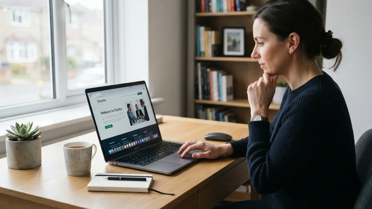 A laptop displaying charfen.co.uk in a web browser while a person researches the website