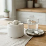 Scoop of collagen peptides powder, glass of water and smoothie ingredients