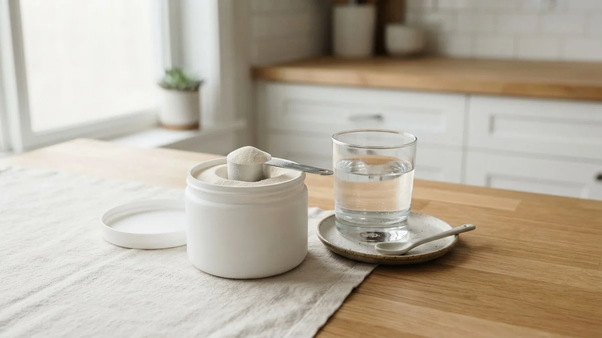 Scoop of collagen peptides powder, glass of water and smoothie ingredients