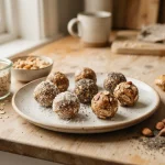 Protein balls made with oats, peanut butter, dates, and seeds