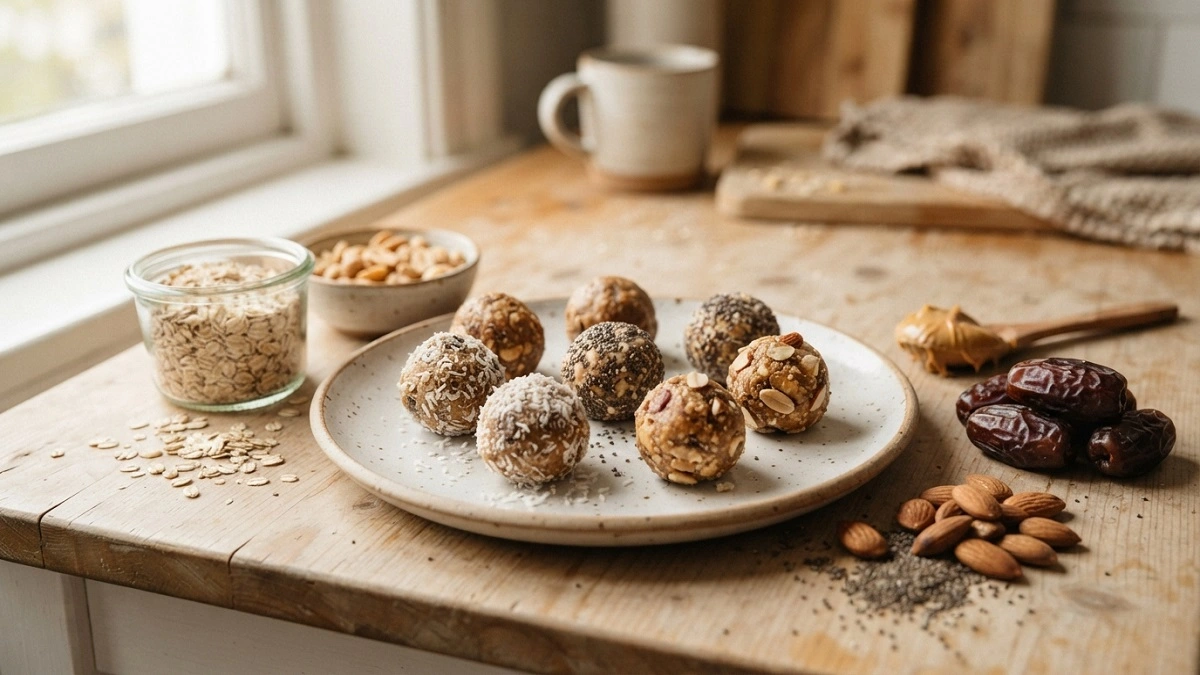 Protein balls made with oats, peanut butter, dates, and seeds